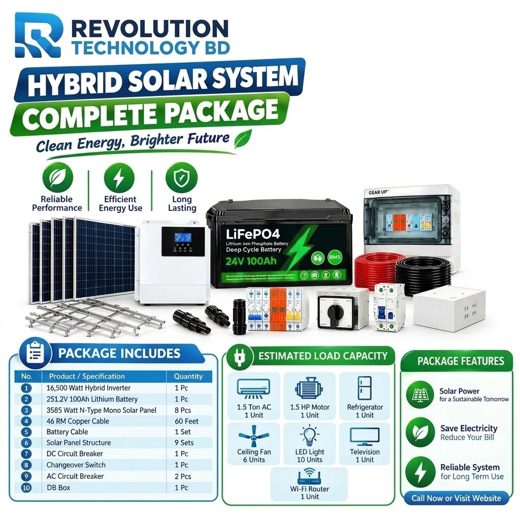 Hybrid Solar Inverter 6500 Watt 1 Pc,51.2V 100Ah Lithium Battery 1 Pc,585 Watt N-Type Mono Solar Panel 8 Pcs