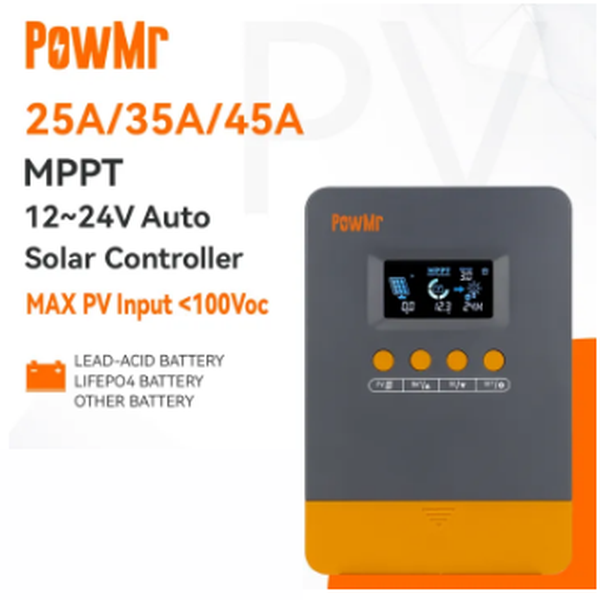 PowMr 25A/35A/45A MPPT Solar Charger Controller 12V 24V With Blacklight LCD Regulator Max PV Input 100VDC Support Lifepo4 Battery Efficient charging