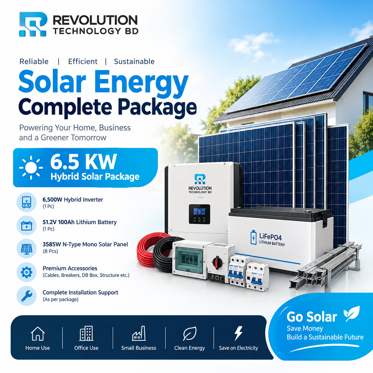 Hybrid Solar Inverter 6.5KW  51.2V 100Ah Lithium Battery 585 Watt N-Type Mono Solar Panel 8 Pcs