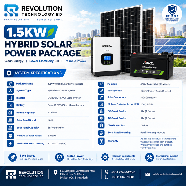 1.5KW Hybrid Solar Power Package | DEMUDA 1.5KVA Solar Inverter with Sako 12.8V 100AH Lithium Battery & Jinko Jinko 585Watt Solar Panel (3P)